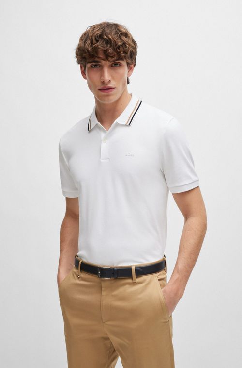 Polo Slim De Algodão Com Colarinho Listrado