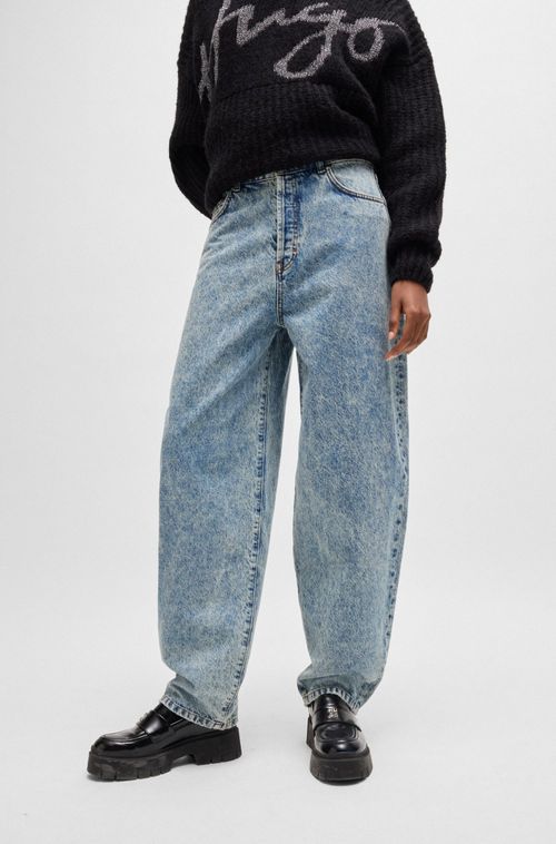 Calças Jeans Retas Azuis Com Perna Larga