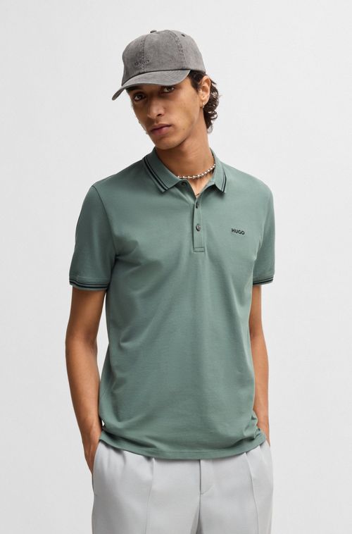 Polo Slim De Algodão Elástico Com Logo Estampado