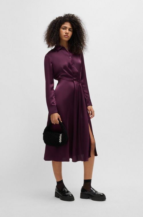 Vestido Midi Acetinado Com Frente Drapeada