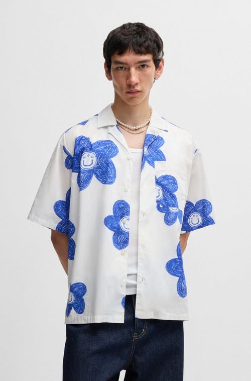 Camisa Descontraída Em Popelina De Algodão Estampado