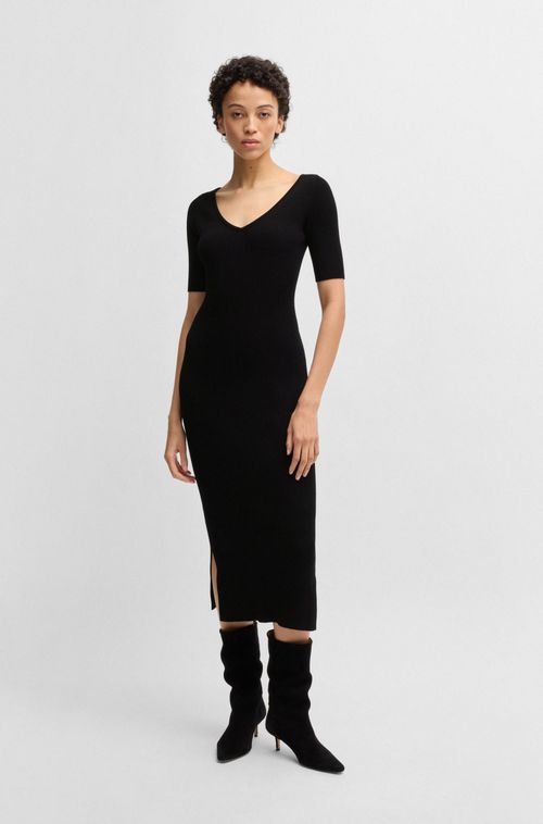 Vestido De Malha Com Decote Em V Em Fios Elásticos
