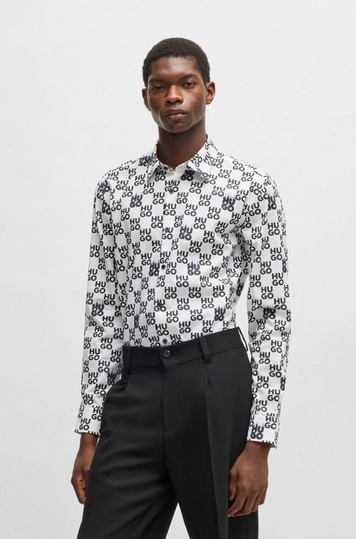 Camisa Slim De Popelina De Algodão Com Estampa Sazonal