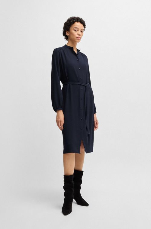 Vestido Camisa Com Cinto Em Crepe Georgette E Gola Alta