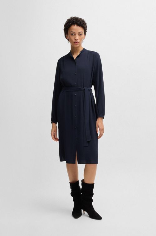Vestido Camisa Com Cinto Em Crepe Georgette E Gola Alta
