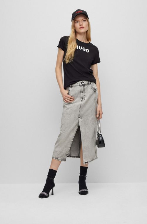 Saia Jeans Cinza Com Fenda Frontal