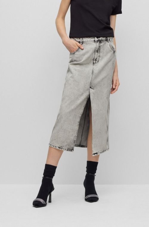 Saia Jeans Cinza Com Fenda Frontal
