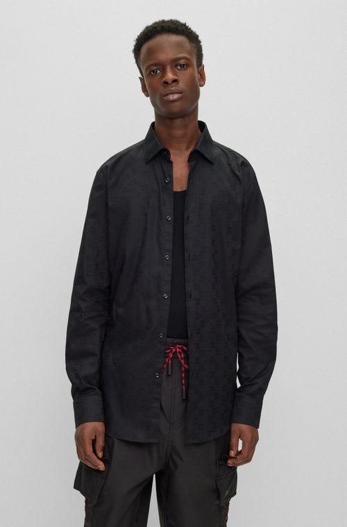 Camisa De Ajuste Slim Em Algodão Com Logo Jacquard Sobreposto