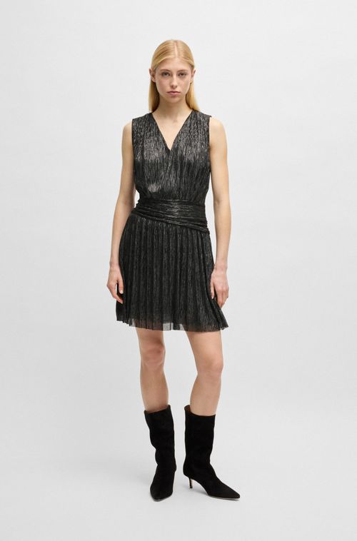 Vestido Plissé Com Frente Cruzada E Babados
