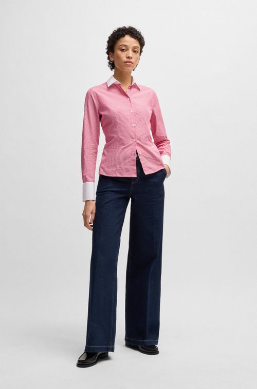 Camisa Slim Em Popelina De Algodão Às Riscas
