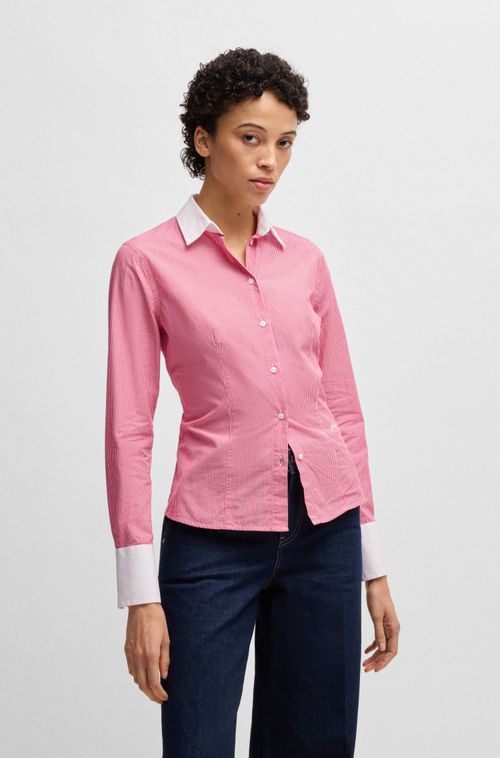 Camisa Slim Em Popelina De Algodão Às Riscas