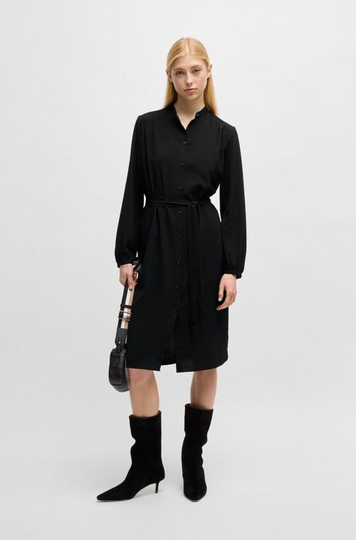 Vestido Camisa Com Cinto Em Crepe Georgette E Gola Alta
