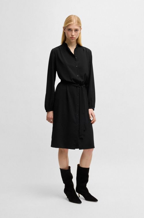 Vestido Camisa Com Cinto Em Crepe Georgette E Gola Alta