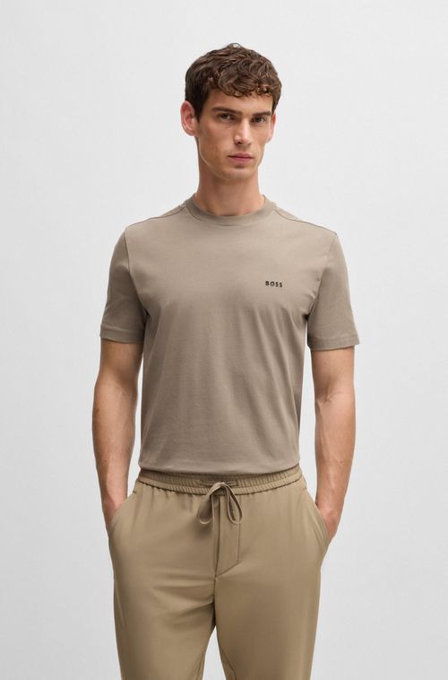 Camiseta Regular Em Algodão Elástico Com Logo Contrastante