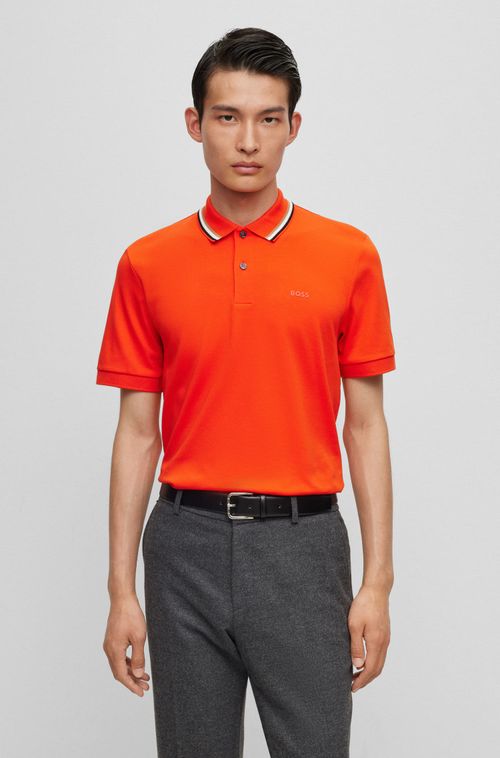 Polo Laranja Slim Fit Em Algodão Com Colarinho Listrado