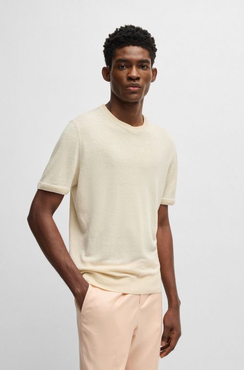 Camiseta De Malha Em Mistura De Linho Com Detalhes Contrastantes