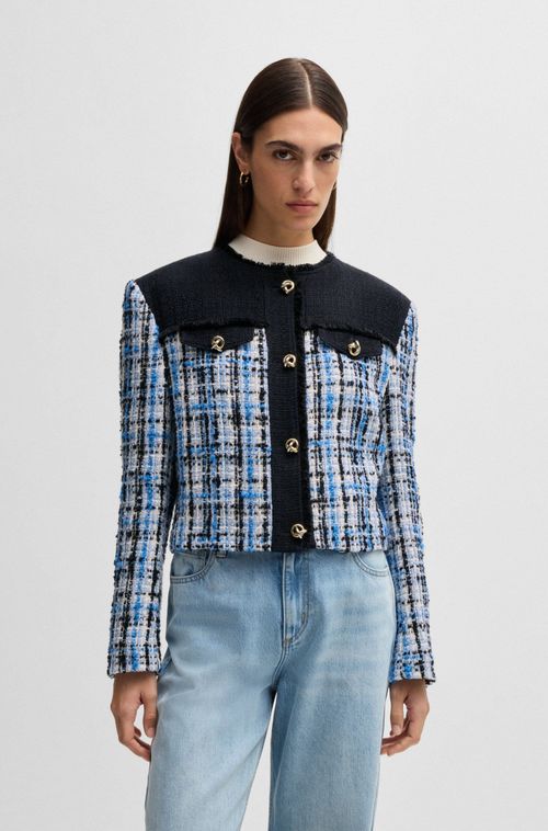 Casaco De Tweed Com Painéis Contrastantes E Botões De Nó