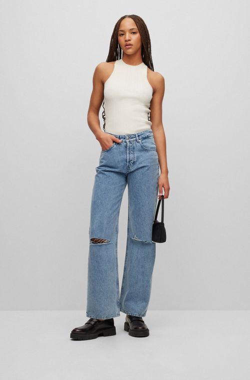 Jeans Com Caimento Solto Em Brim Rígido Azul