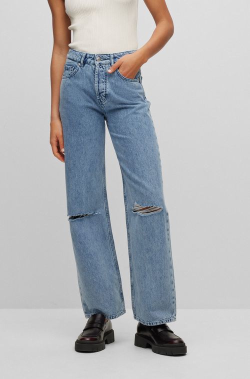 Jeans Com Caimento Solto Em Brim Rígido Azul