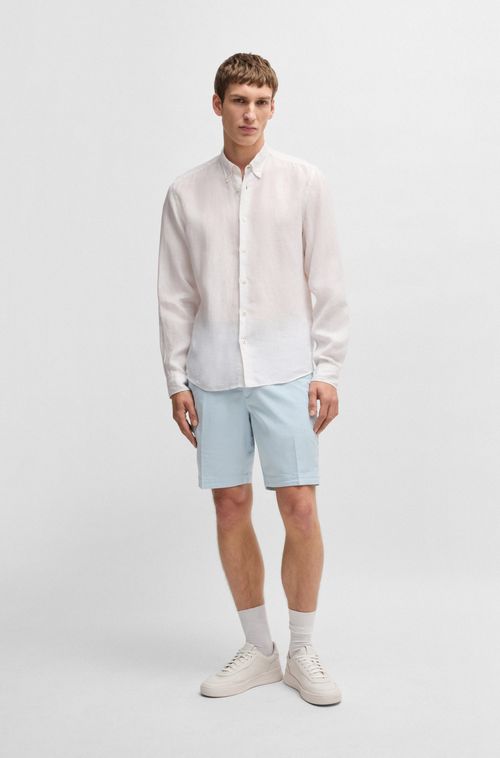 Shorts De Ajuste Slim Em Sarja De Algodão Elástico
