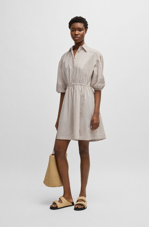 Vestido De Camisa Em Algodão Às Riscas Com Cintura Elástica