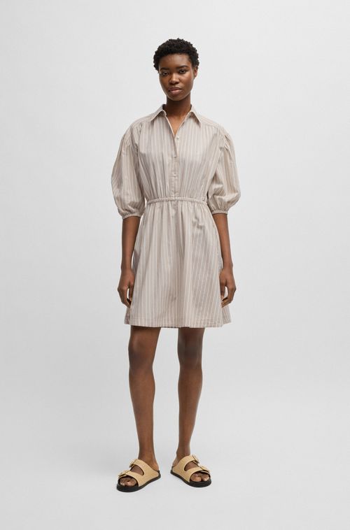 Vestido De Camisa Em Algodão Às Riscas Com Cintura Elástica