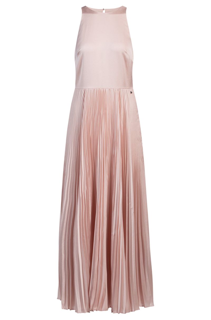 Vestido Maxi Em Cetim Martelado Com Saia Plissada