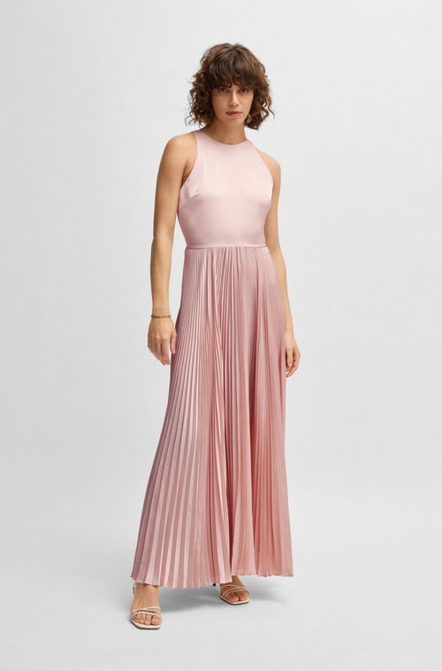 Vestido Maxi Em Cetim Martelado Com Saia Plissada