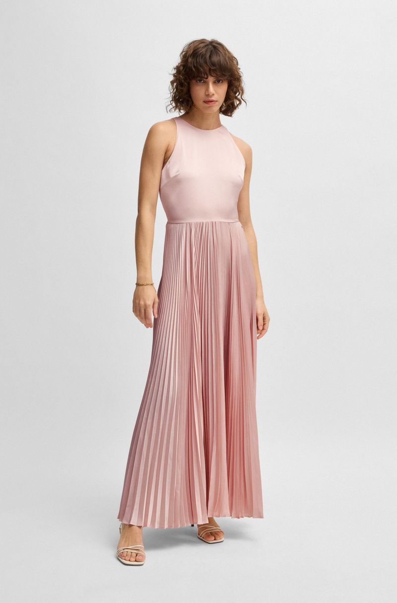 Vestido Maxi Em Cetim Martelado Com Saia Plissada