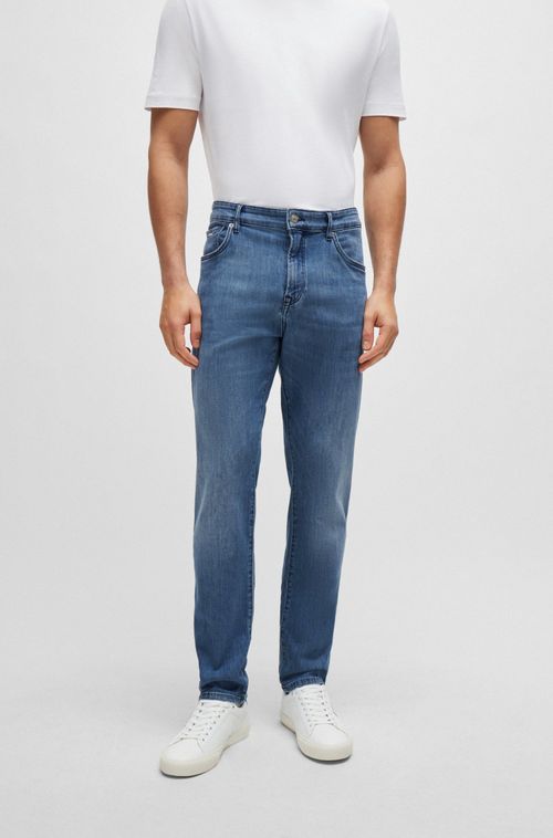 Calças Jeans Azuis De Ajuste Regular Em Jeans Elástica Confortável