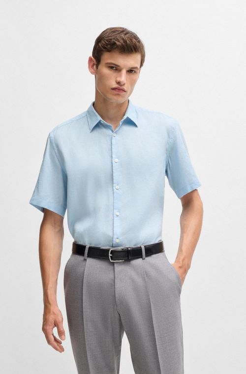 Camisa Curta Regular De Linho Com Elasticidade