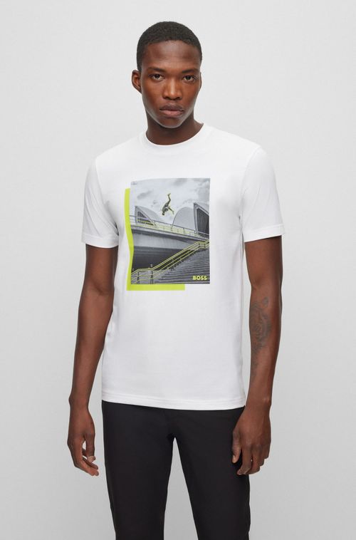 Camiseta Branca Com Estampa Fotográfica Em Jersey De Algodão Elástico