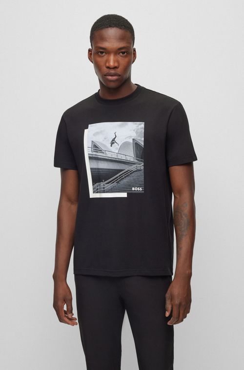 Camiseta Preta Com Estampa Fotográfica Em Jersey De Algodão Elástico