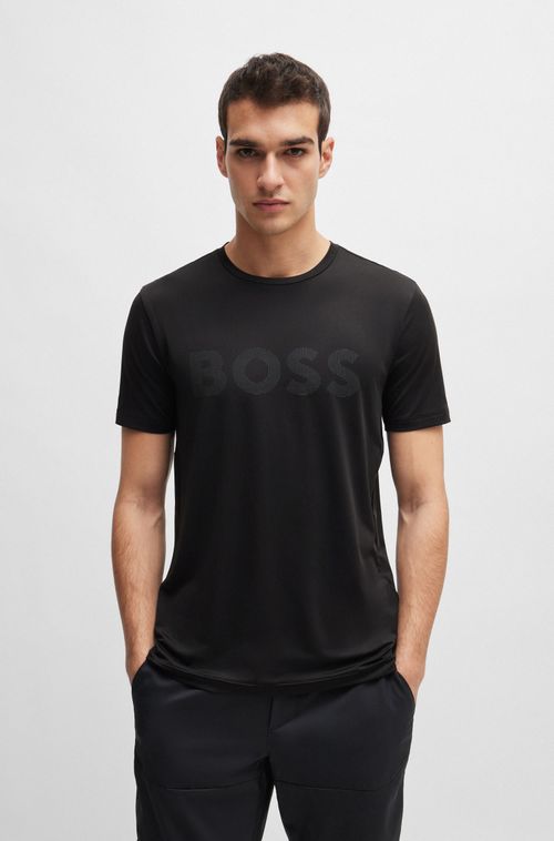 Camiseta elástica de alta performance com logo refletor decorativo