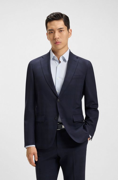 Terno Slim-Fit Em Lã Elástica Com Padrão Em Xadrez