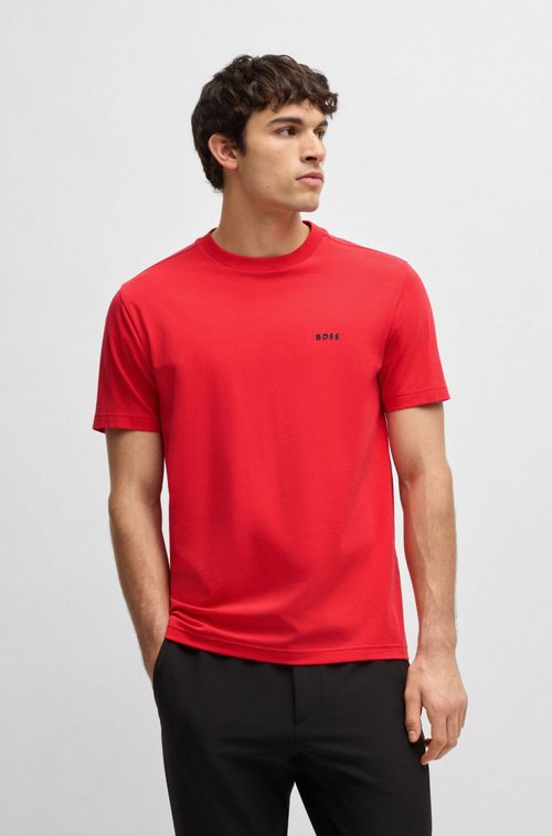 Camiseta De Ajuste Regular Em Algodão Elástico Com Logo Contrastante