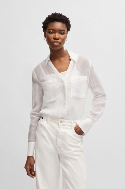 Blusa Com Gola Em V Em Ramie Com Detalhe No Colarinho