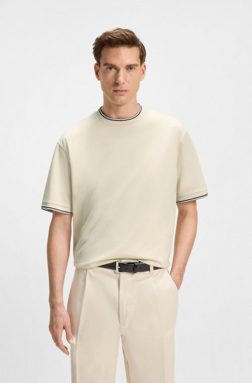 Camiseta De Algodão Mercerizado Com Punhos Às Riscas