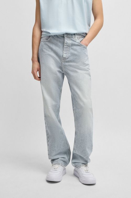 Calças Jeans Loose Fit Em Denim Azul Às Riscas