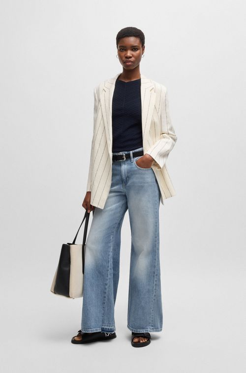 Calças Jeans Flare Em Denim Azul Elástico E Confortável