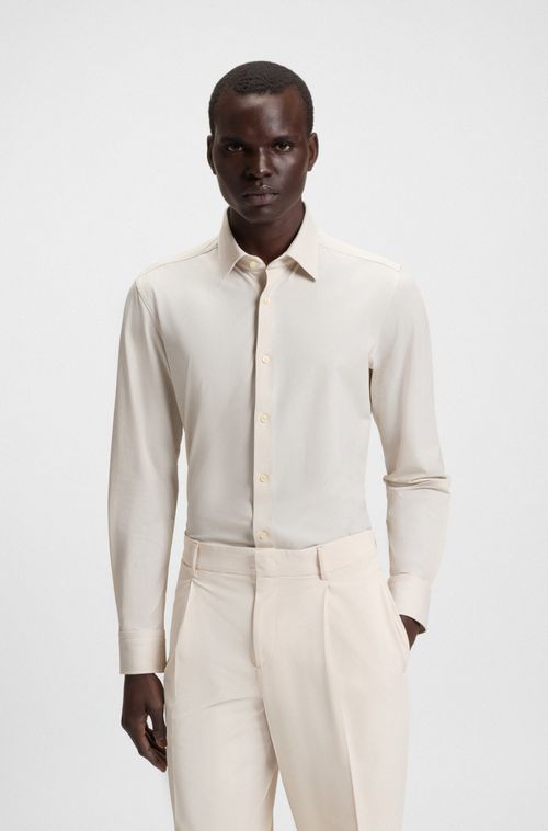 Camisa De Ajuste Slim Em Sarja Elástica
