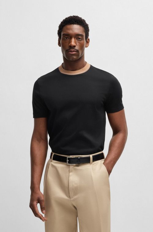 Camiseta De Ajuste Slim Em Algodão Mercerizado Com Risca No Colarinho