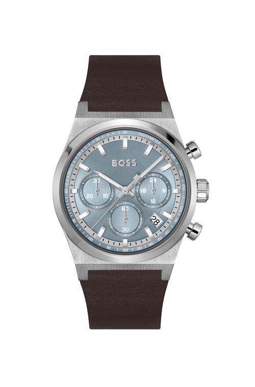 Relógio BOSS em Metal e Pulseira em Couro Marrom
