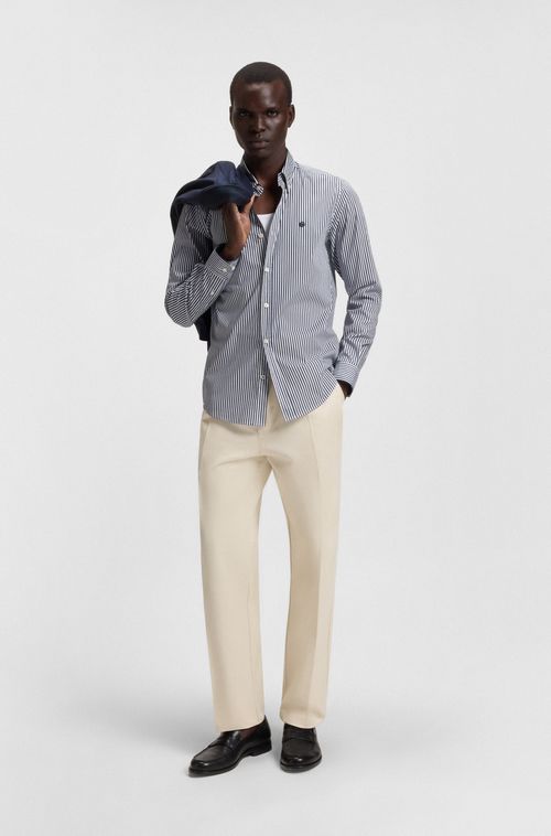 Camisa Listrada Slim Fit em Mistura de Algodão