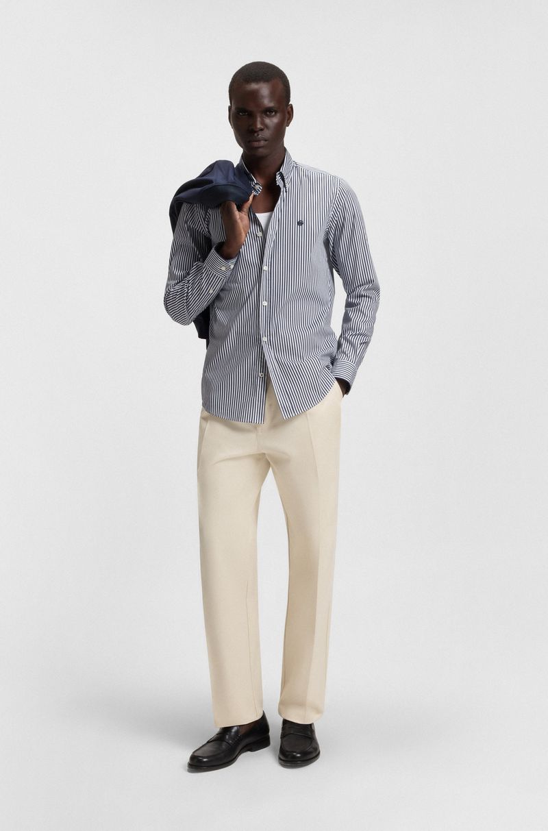 Camisa Listrada Slim Fit em Mistura de Algodão