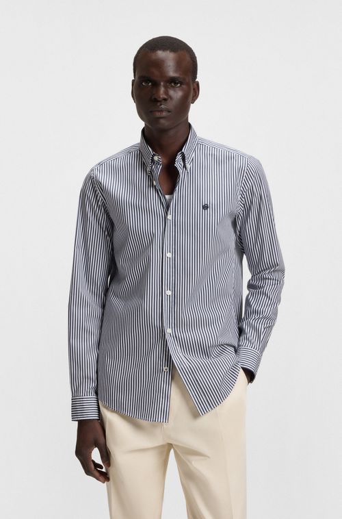 Camisa Listrada Slim Fit em Mistura de Algodão