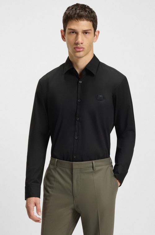 Camisa De Corte Slim Em Algodão Com Logo Empilhado