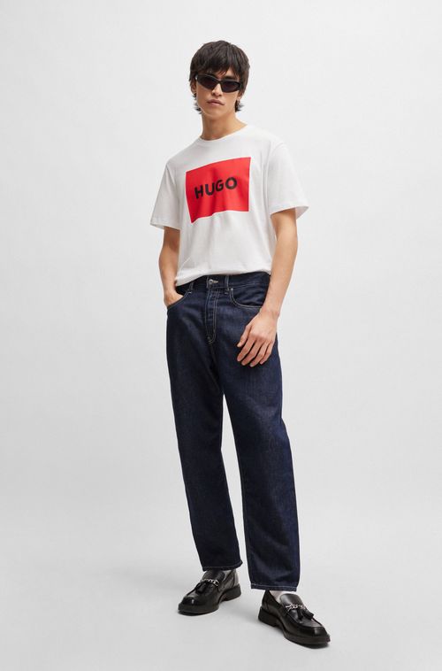 Camiseta De Gola Careca Em Jersey De Algodão Com Logo Retangular